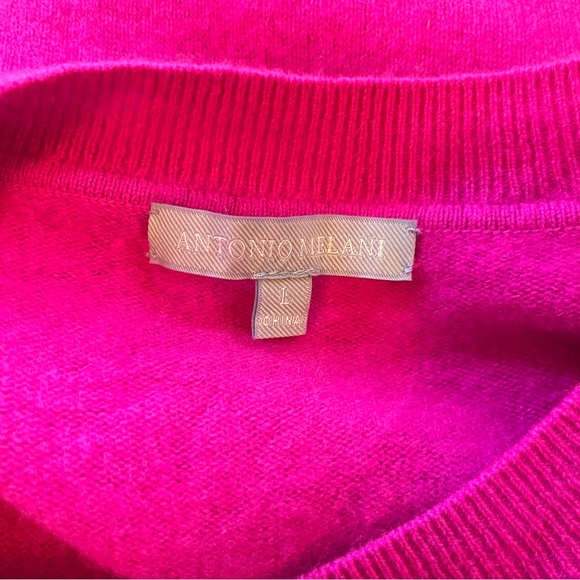 Antonio Melani Cashmere Sweater Sz L Bold Pink Crew Neck Puff Shoulder Long Slee - Picture 6 of 8